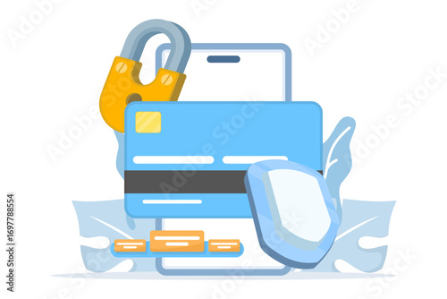 Illustration of a secure transaction in a mobile banking app with a payment card icon and a shield. The concept of secure digital banking, financial security, and protected online payments.