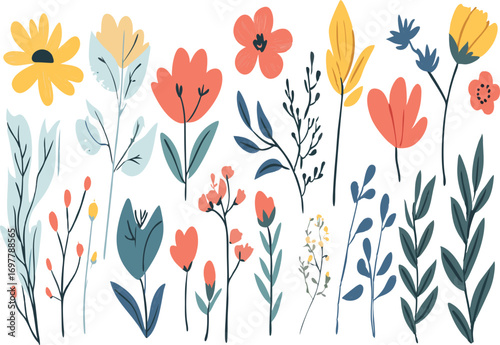 Vibrant collection of hand drawn abstract floral elements and botanical illustrations