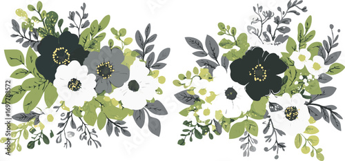 Elegant watercolor floral arrangement with dark and white anemones and greenery