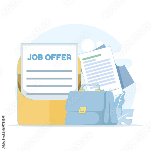 Illustration of recruitment and hiring process. Large yellow envelope holds job application documents, offer letters, and employment contracts, representing staff onboarding and new employee hiring.