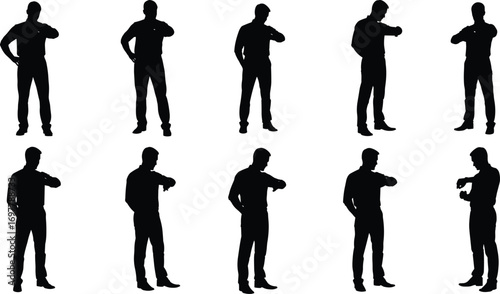 Silhouettes of a man checking his watch in various poses, showing time awareness, punctuality, waiting, and business professionalism.