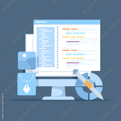 Flat vector illustration of web design and UI/UX concept. Programmer working on computer with software development, coding, and interface design for websites and applications.