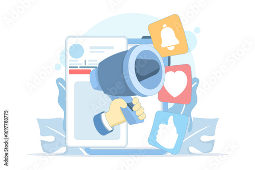 Flat vector illustration of social media marketing concept. Trending posts, viral content, likes, hashtags, comments, and strategy for online business growth, startups, and website landing pages.
