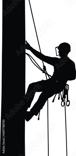 Silhouette of industrial rope access worker climbing tall structure, wearing safety harness, professional vertical work, inspection, outdoor climbing job, safety