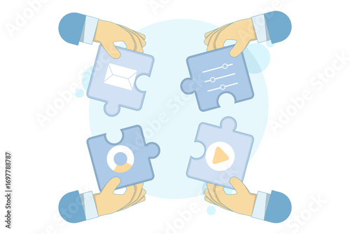 Flat vector of teamwork concept. Business hands working together to connect colorful puzzle pieces, symbolizing collaboration, cooperation, and achieving goals collectively in a team environment.