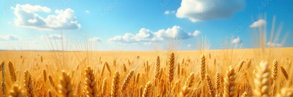 Naklejka premium Golden Barley and Wheat Swaying Gently in Summer Breeze, Breathtaking Amber and Gold Field Under Vast Blue Sky. Perfect for Harvest, Agriculture, and Nature Themes.