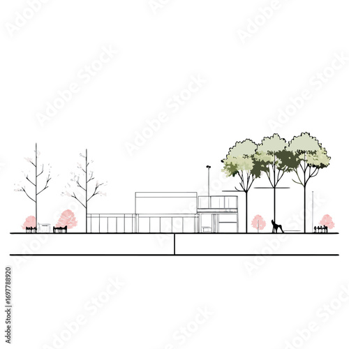 Architectural Drawings, Minimal style cad tree line drawing, Side view, set of section wetland forest outline for landscape design drawing. Vector illustration in seperate element