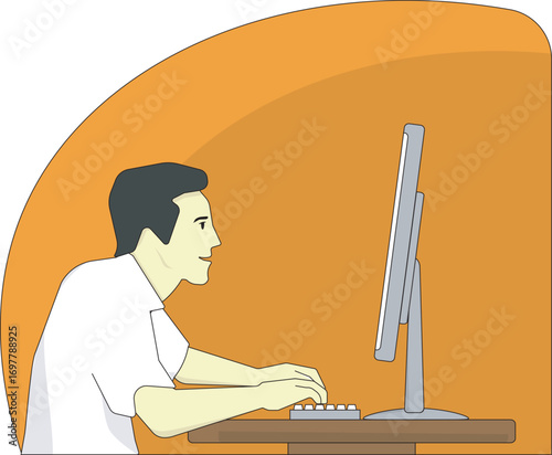 Vector illustration of a man working on desktop computer. Depicts office work, online study, typing, and digital tasks. Simple flat design for business, education, and technology themes.