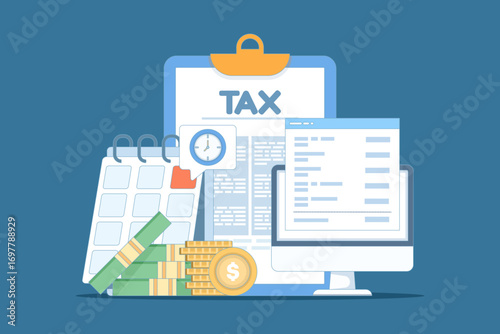 Flat vector illustration of tax payment concept. Income and business tax documents, finance and accounting consultation, revenue management, and tax filing for corporate and personal finance.