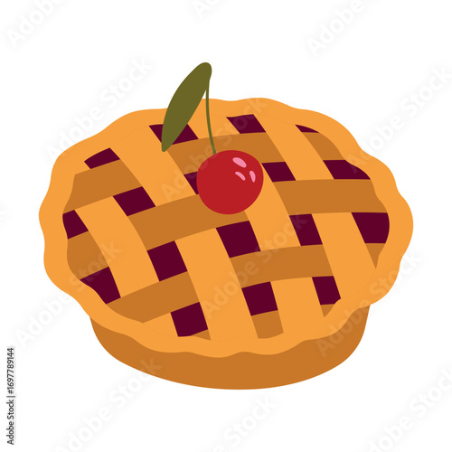 Cherry Pie Vector Illustration with Lattice Crust. The simple design highlights the sweet, inviting appearance of a classic dessert icon.
