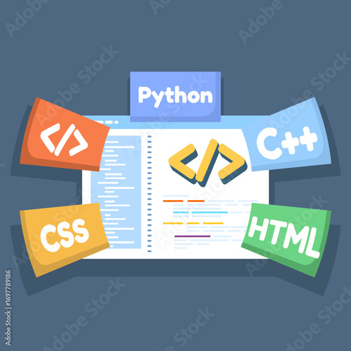 Flat vector illustration of web development concept. Cartoon programmer coding website with HTML, CSS, and IT tools. UI design, front-end programming, software development banner for landing page.