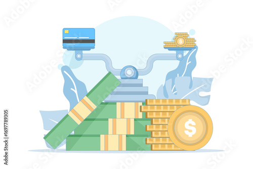 Flat vector illustration of financial discipline concept. Saving and investment strategies, paying off debt, and wealth building routines with debit cards, and banknotes in balance.