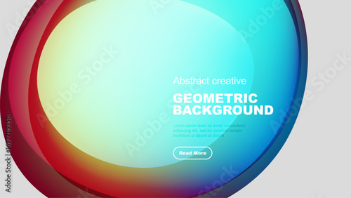 Vibrant overlapping circles create abstract geometric background. Text invites viewers to explore further. Modern design elements present.