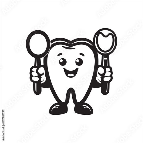 Happy Cartoon Tooth Character Holding Dental Mirrors.
