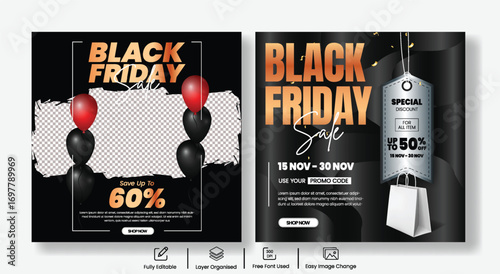 Black Friday Discount Promotion Social Media Post Template with 3D Bag, Balloons, and sale  tag Background for Product Sale, Retail Offers, and Web Banner Ads
