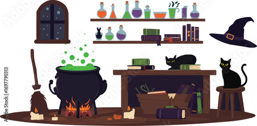 Flat Vector Witch’s Potion Kitchen with Bubbling Cauldron