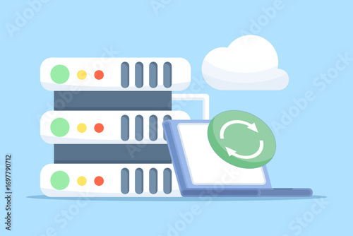 Flat vector of data entry concept. Typing, processing, and managing information in computer systems or cloud databases, with keyboard and server elements representing digital data management.