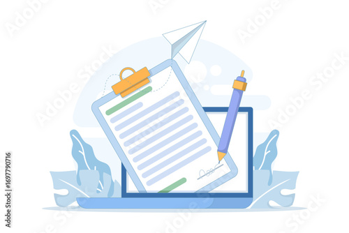 Vector illustration of electronic signature and digital contract. Online document signing concept with secure identity verification, agreement certification, and internet transaction.