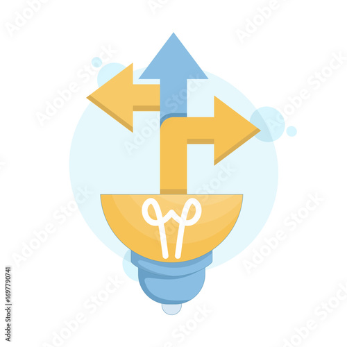 Flat vector illustration of startup navigation and pivoting strategy. Business arrows pointing in different directions represent changing course, exploring options, and adapting decisions for growth.