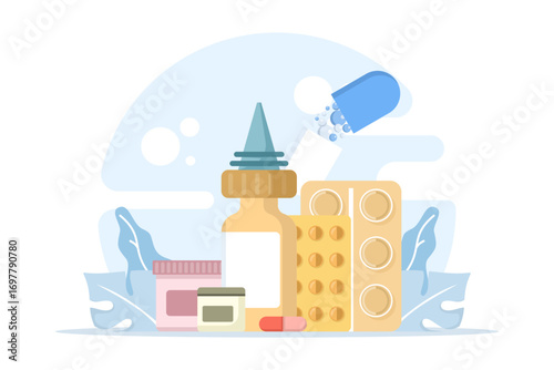 Flat vector illustration of medicine container, nose drops, and tablets. Pharmacy, healthcare, and care concept. Flat vector illustration on a white background.