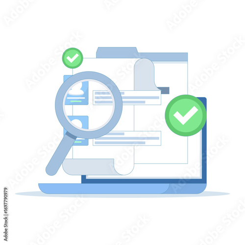 vector illustration of recruitment and online job interviews. HR managers reviewing CVs, searching for candidates, and applicants applying for positions, representing hiring and employment process.