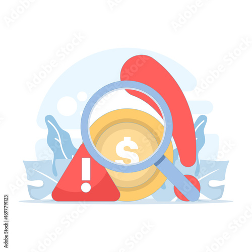 Flat vector financial fraud detection concept. A magnifying glass over a dollar sign, a warning sign, and a warning triangle represent online fraud, financial security, and risk assessment.