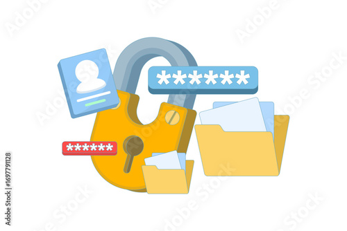 Vector illustration of file security concept. Locked folder and password protection symbolize safe document access, data privacy software, and user ensuring safety with a large padlock.