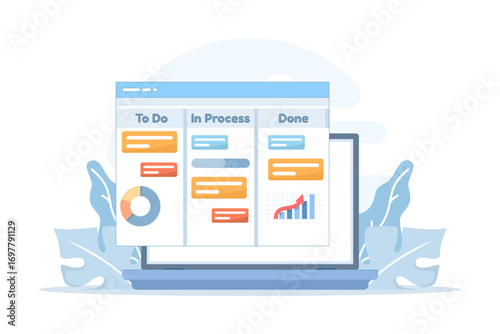 Flat vector illustration of laptop screen showing to-do list with tasks, processes, and completions. Concept of business planning, productivity, and organizing notes for effective workflow.