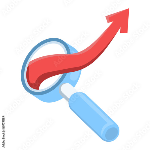 Vector illustration of trade research and business analytics concept. Magnifying glass with rising arrow symbolizing growth, market analysis, and financial performance exploration.