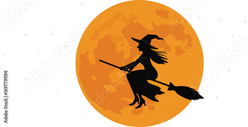 Flat Vector Flying Witch Silhouette under Full Moon