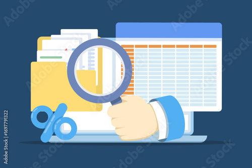 Flat vector illustration of tax return folder concept. Spreadsheet with data calculation, financial record organization, tax preparation, and document management for accounting and business finance.