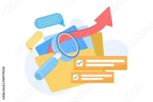 Vector illustration of case study concept. Researching facts, analyzing data, and exploring product or business information for deeper understanding and evaluation of results.