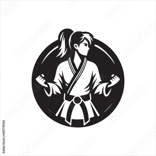 Silhouette of a Confident Female Martial Artist in a Karate Uniform.