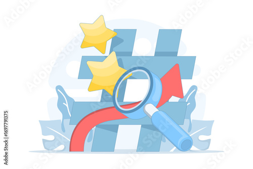 Illustration of viral hashtags and trending keywords. A smartphone user sees popular tags widely used on social media, concept of SEO and social media trends. 