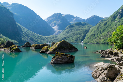 Scenic View of Bondhusvatnet Lake and Folgefonna Glacier in Bondhusdalen, Vestland, Norway
