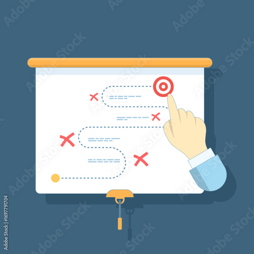 Flat vector illustration of business strategy and planning concept. Marketing tactics, problem-solving, and project management to overcome obstacles, achieve goals, and ensure successful outcomes.