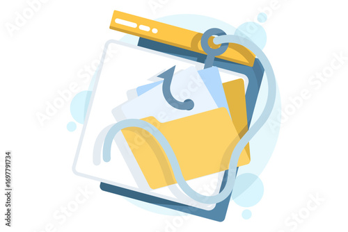 Flat vector illustration of data theft concept. Phishing and hacking represented by a hook grabbing a folder symbol, symbolizing stolen files, information breaches, and digital security risks.