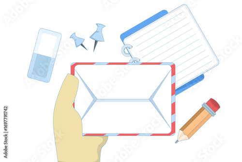 Flat vector of a hand holding an envelope with postage stamp, surrounded by office stationery on a desk. Top view composition symbolizing written communication, mail sending, and correspondence.