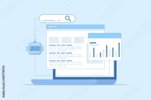 Illustration of AI-powered search engine concept. Advanced machine learning algorithms provide optimized results tailored to user intent, symbolizing intelligent digital search technology.