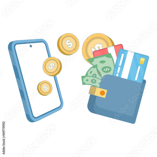 Flat vector illustration of mobile money transfer and online payment concept. Secure digital transactions, mobile banking, online shopping, and earning money through safe financial operations.