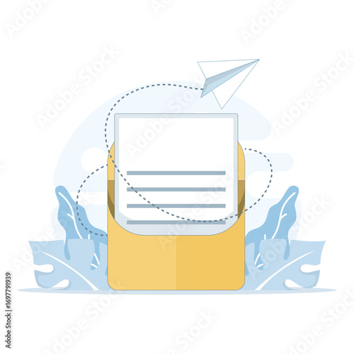 Vector illustration of email sending concept. Large envelope with message inside and paper airplane symbolizing fast digital communication, online messaging, and modern correspondence services.