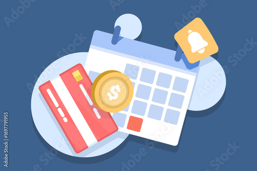 Monthly subscription fee concept with calendar. Regular member payments scheduled on due dates. Illustration of recurring billing, registered user subscription, and auto payment reminder.