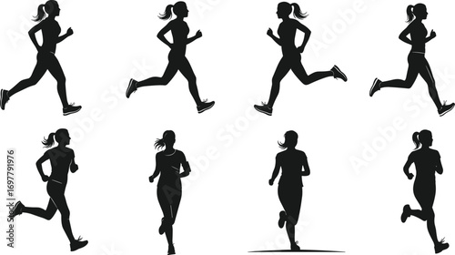Silhouettes of athletic women running and jogging outdoors, active fitness concept, female runners in motion, healthy lifestyle exercise.
