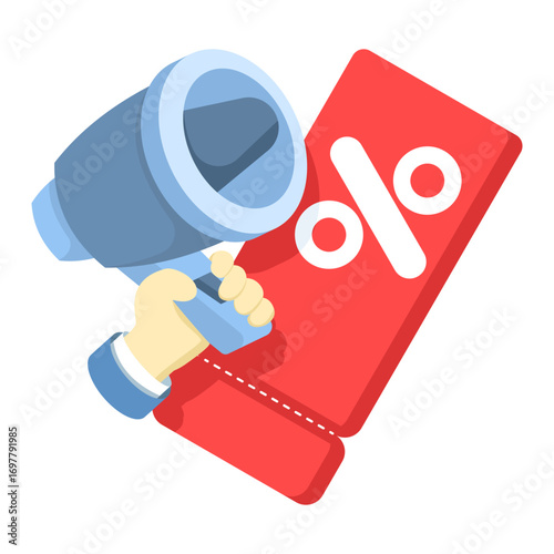 Flat vector of discount coupon and voucher card with percentage sign, cashback promotion, coins, and megaphone symbolizing special offers, sale deals, and price reduction marketing concept.