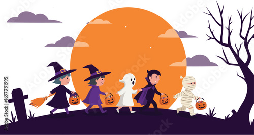 Flat Vector Silhouette of Trick-or-Treat Kids under Full Moon