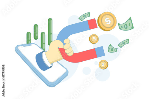 Illustration of hands coming out from smartphone screen with magnets pulling money. Concept of mobile marketing, online promotion, and generating digital income through modern technology.