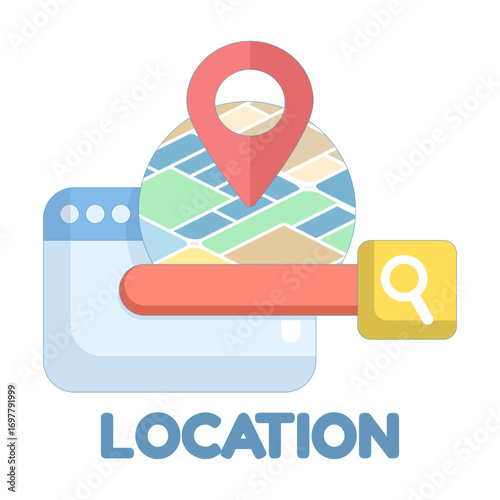 Flat vector illustration of search bar and location pin icon. GPS navigation symbol for map, route finding, geolocation, travel direction, and online map services. Modern flat design element.