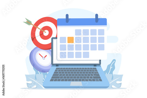 Flat vector of time management concept. Laptop, calendar, clock, and target elements represent scheduling, productivity, goal setting, and effective planning for personal or business tasks.