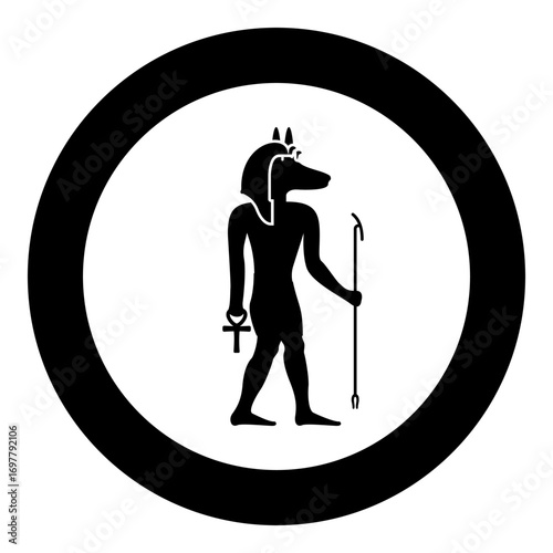 Anubis deity with jackal head ancient Egyptian god holds staff and anch cross silhouette mythical icon in circle round black color vector illustration image solid outline style