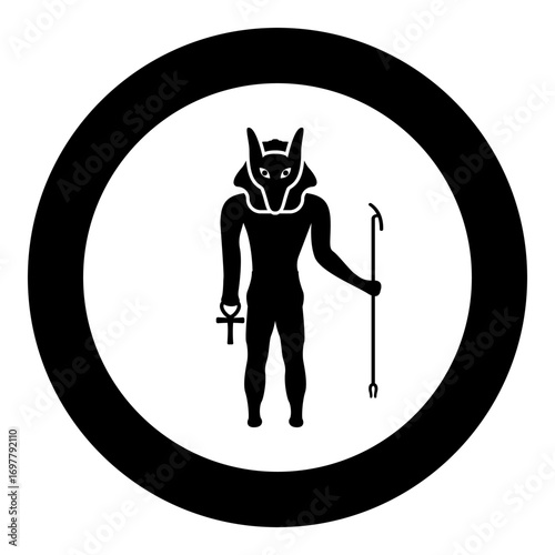 Anubis deity with jackal head ancient Egyptian god holds staff and anch cross silhouette mythical icon in circle round black color vector illustration image solid outline style